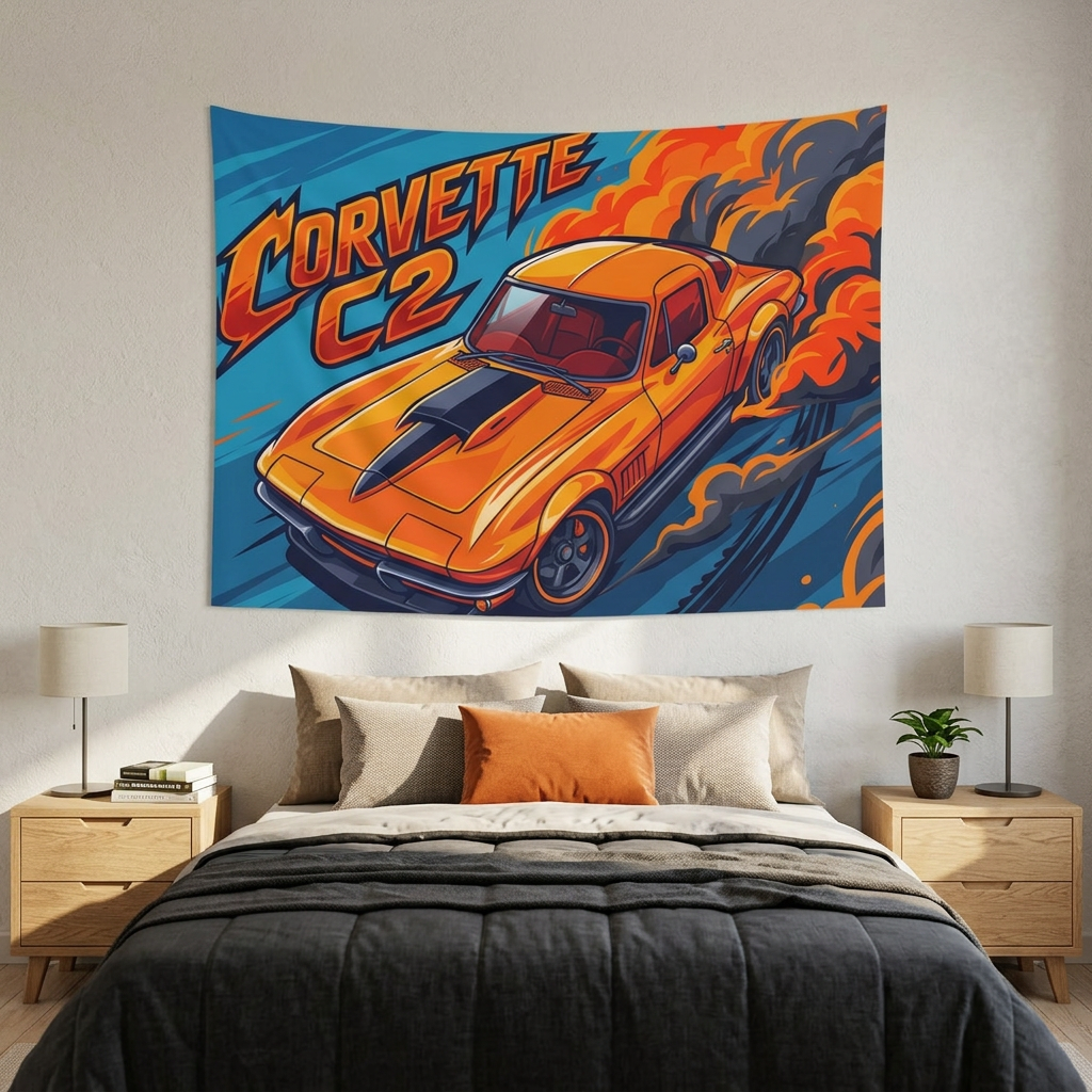 Chevrolet Corvette C2 Stingray Orange Black Stripe Red Interior Aerial Bold Graphic Car Wall Art Tapestry