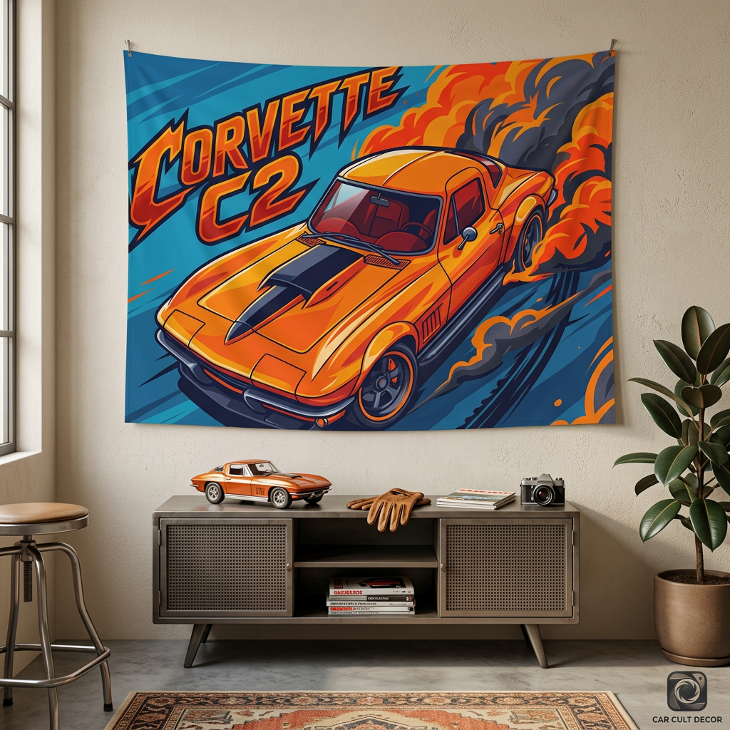 Chevrolet Corvette C2 Stingray Orange Black Stripe Red Interior Aerial Bold Graphic Car Wall Art Tapestry