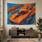 Chevrolet Corvette C2 Stingray Orange Black Stripe Red Interior Aerial Bold Graphic Car Wall Art Tapestry