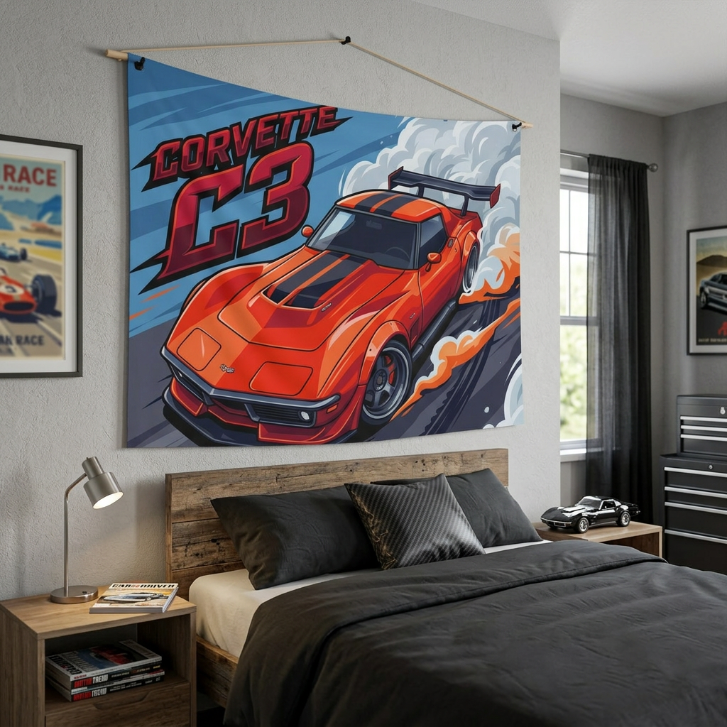 Chevrolet Corvette C3 Stingray Red Black Stripe GT Wing Aerial Bold Graphic Car Wall Art Tapestry