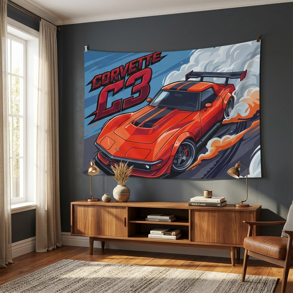 Chevrolet Corvette C3 Stingray Red Black Stripe GT Wing Aerial Bold Graphic Car Wall Art Tapestry