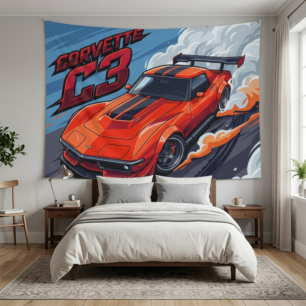 Chevrolet Corvette C3 Stingray Red Black Stripe GT Wing Aerial Bold Graphic Car Wall Art Tapestry