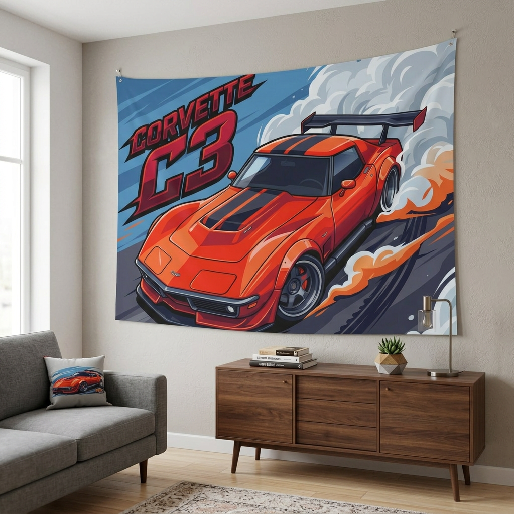 Chevrolet Corvette C3 Stingray Red Black Stripe GT Wing Aerial Bold Graphic Car Wall Art Tapestry