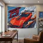 Chevrolet Corvette C3 Stingray Red Black Stripe GT Wing Aerial Bold Graphic Car Wall Art Tapestry