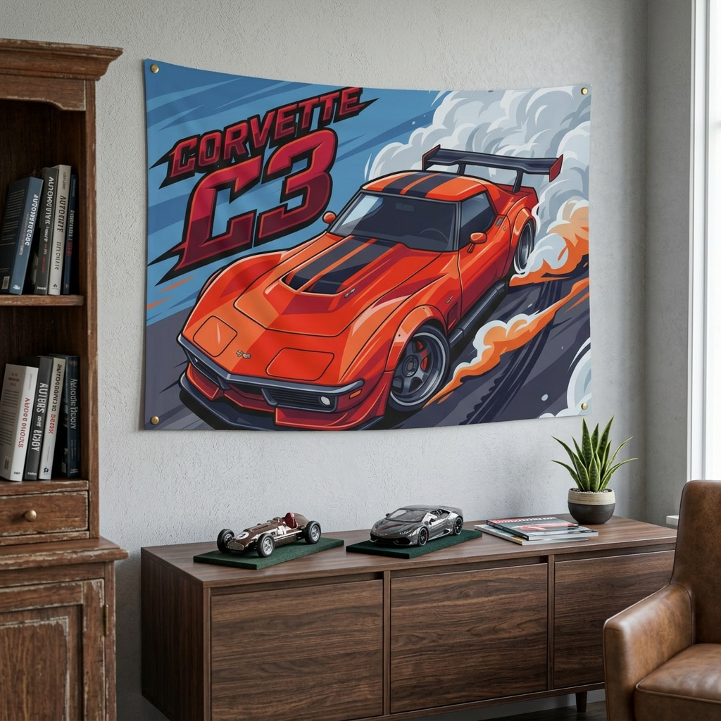 Chevrolet Corvette C3 Stingray Red Black Stripe GT Wing Aerial Bold Graphic Car Wall Art Tapestry