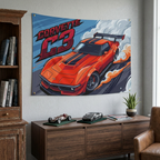 Chevrolet Corvette C3 Stingray Red Black Stripe GT Wing Aerial Bold Graphic Car Wall Art Tapestry