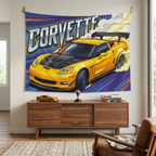 Chevrolet Corvette C6 Z06 Yellow Carbon Bonnet GT Wing Aerial Bold Graphic Car Wall Art Tapestry