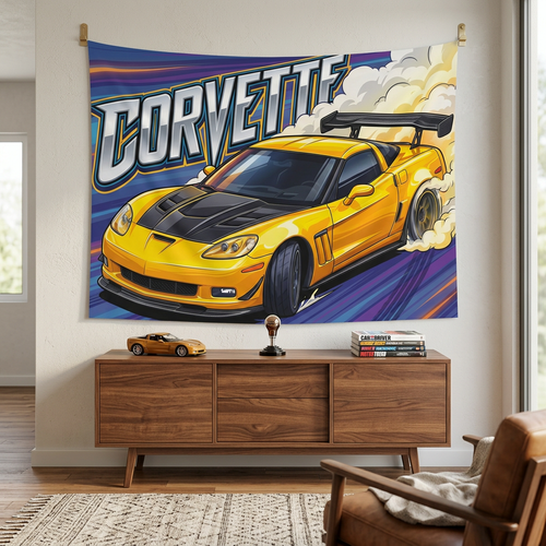 Chevrolet Corvette C6 Z06 Yellow Carbon Bonnet GT Wing Aerial Bold Graphic Car Wall Art Tapestry