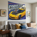 Chevrolet Corvette C6 Z06 Yellow Carbon Bonnet GT Wing Aerial Bold Graphic Car Wall Art Tapestry