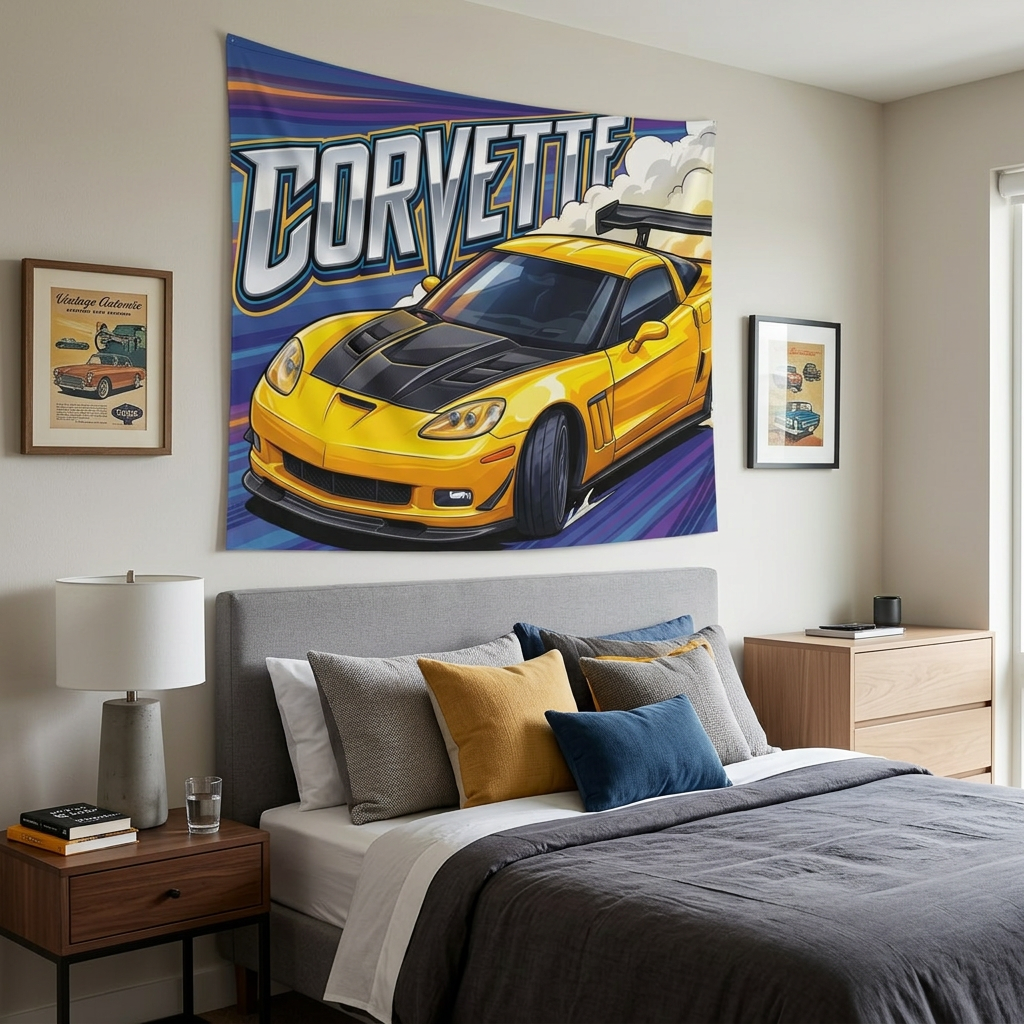 Chevrolet Corvette C6 Z06 Yellow Carbon Bonnet GT Wing Aerial Bold Graphic Car Wall Art Tapestry