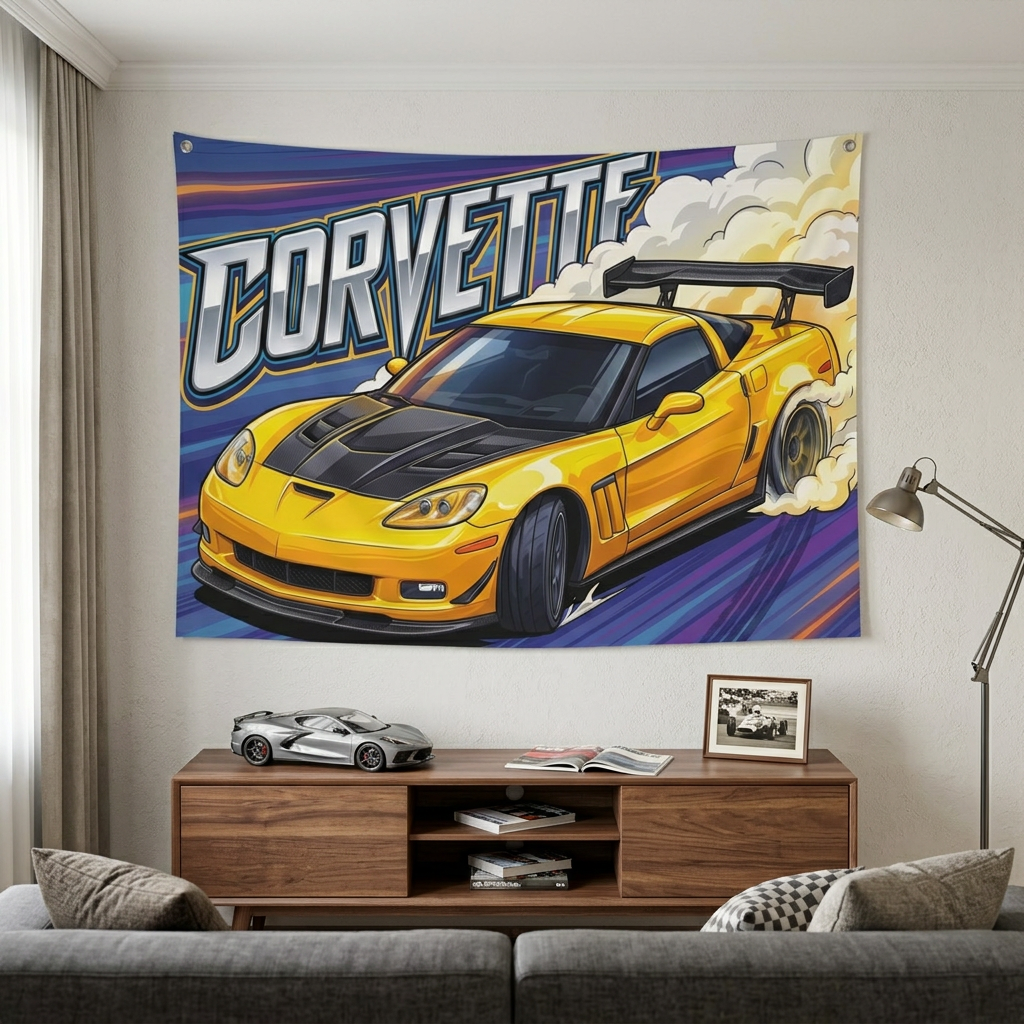 Chevrolet Corvette C6 Z06 Yellow Carbon Bonnet GT Wing Aerial Bold Graphic Car Wall Art Tapestry