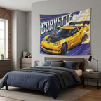 Chevrolet Corvette C6 Z06 Yellow Carbon Bonnet GT Wing Aerial Bold Graphic Car Wall Art Tapestry