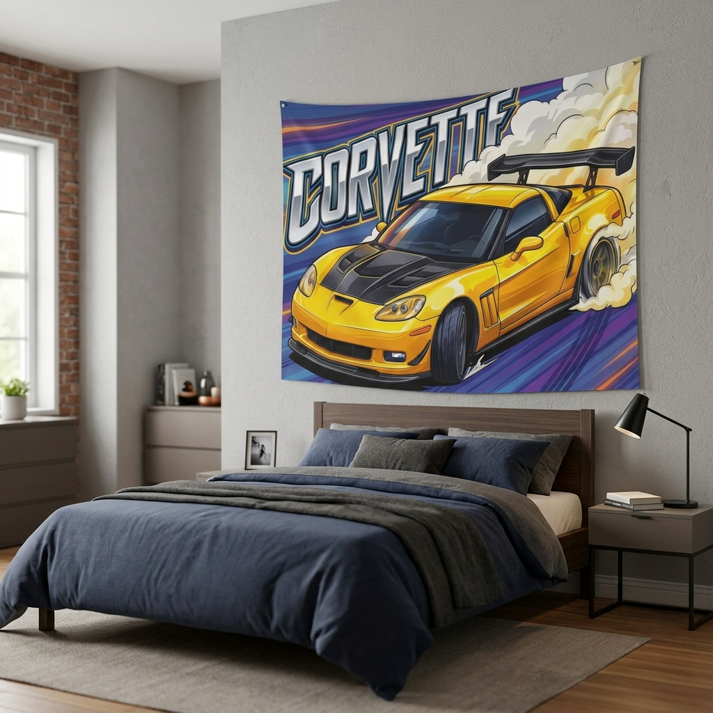 Chevrolet Corvette C6 Z06 Yellow Carbon Bonnet GT Wing Aerial Bold Graphic Car Wall Art Tapestry