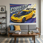 Chevrolet Corvette C6 Z06 Yellow Carbon Bonnet GT Wing Aerial Bold Graphic Car Wall Art Tapestry