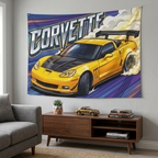 Chevrolet Corvette C6 Z06 Yellow Carbon Bonnet GT Wing Aerial Bold Graphic Car Wall Art Tapestry