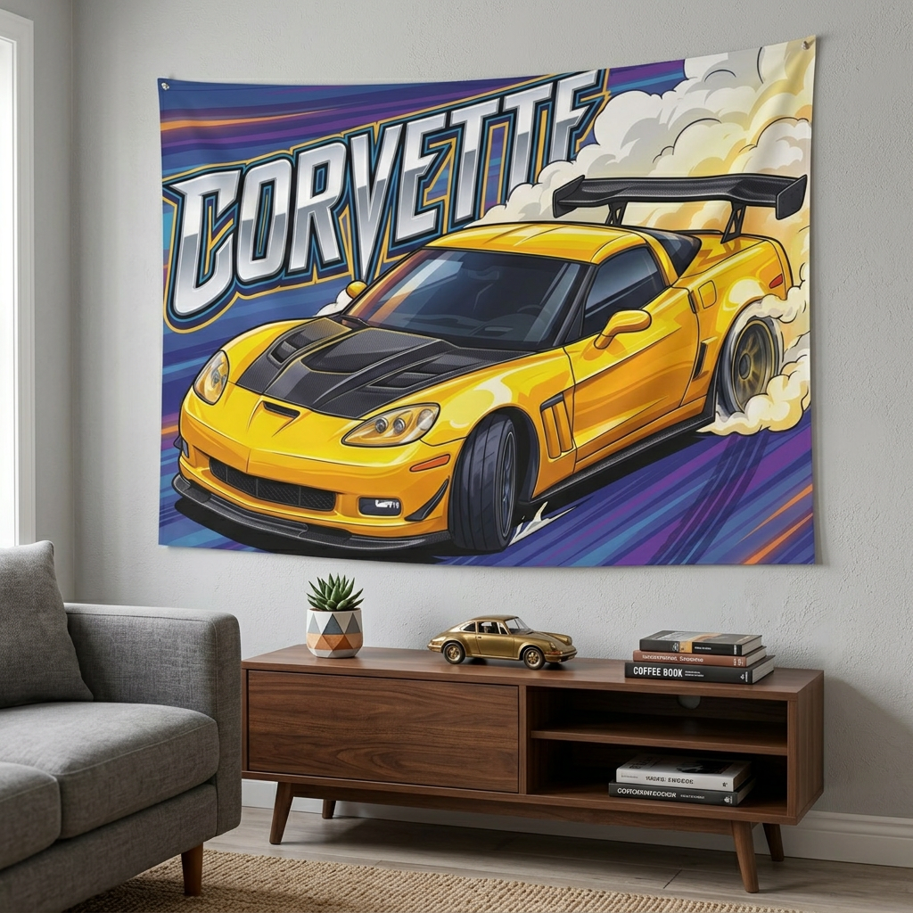Chevrolet Corvette C6 Z06 Yellow Carbon Bonnet GT Wing Aerial Bold Graphic Car Wall Art Tapestry