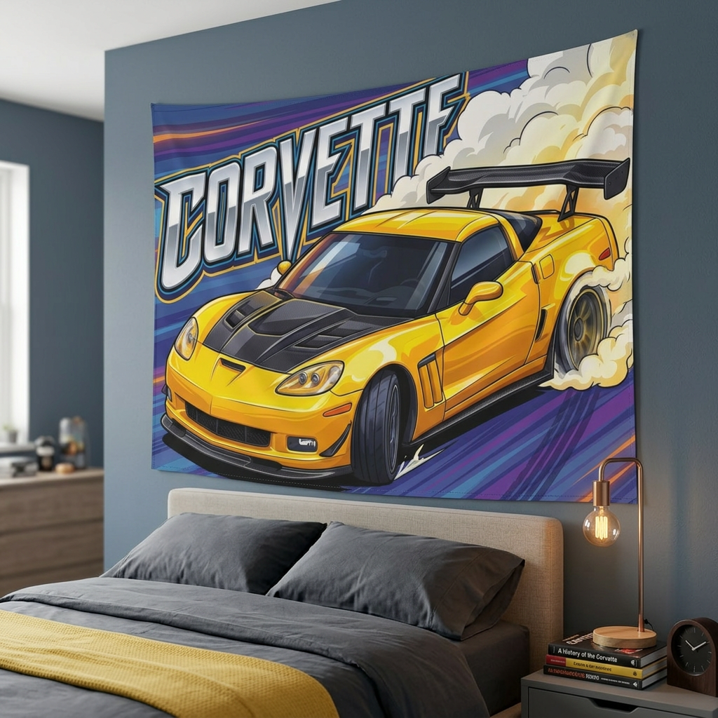 Chevrolet Corvette C6 Z06 Yellow Carbon Bonnet GT Wing Aerial Bold Graphic Car Wall Art Tapestry