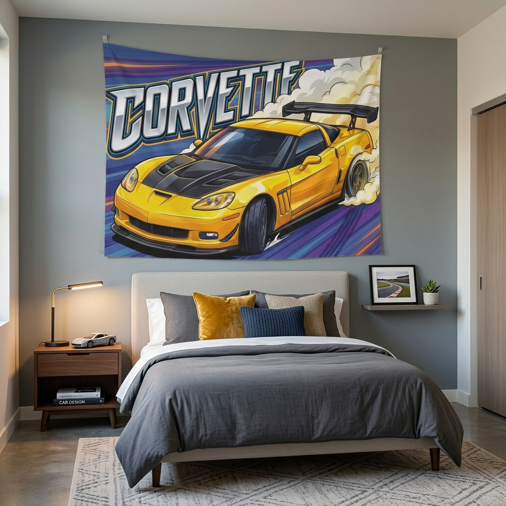 Chevrolet Corvette C6 Z06 Yellow Carbon Bonnet GT Wing Aerial Bold Graphic Car Wall Art Tapestry