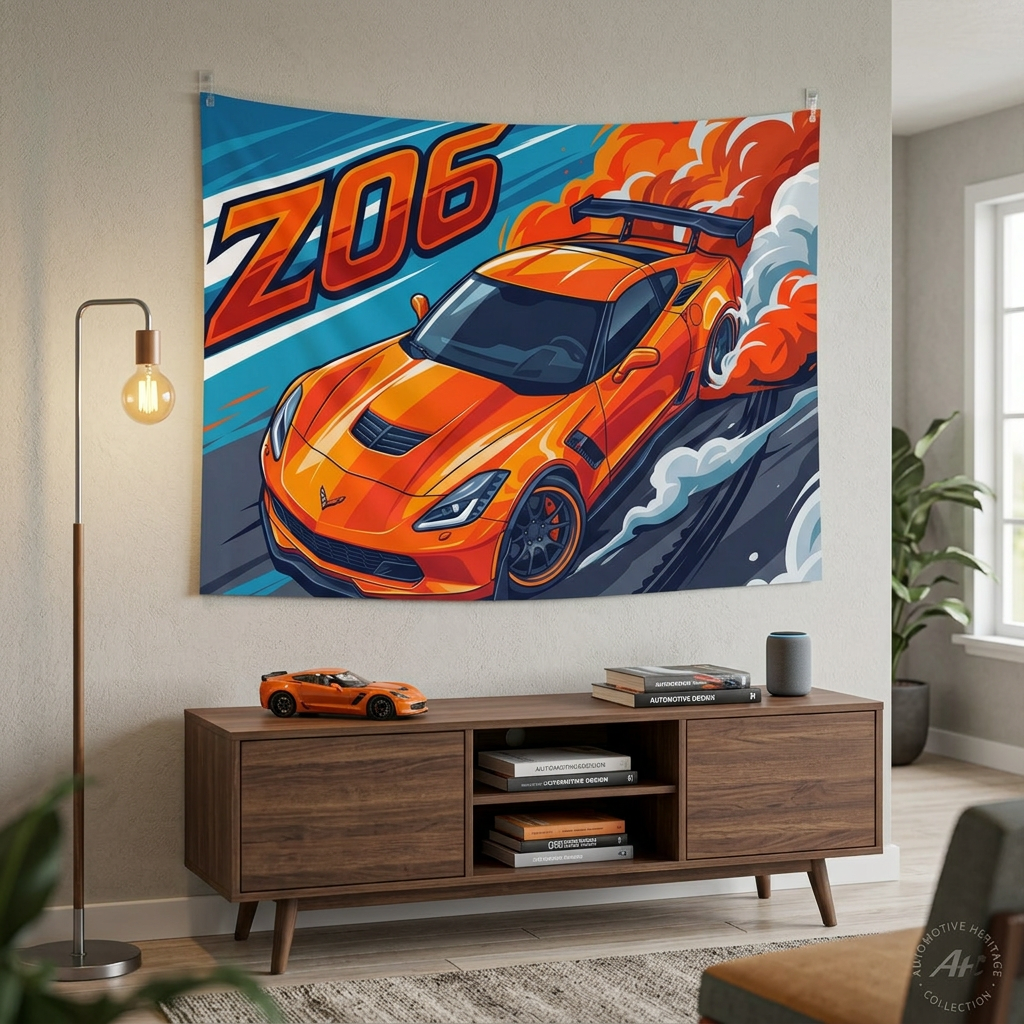 Chevrolet Corvette C7 Z06 Orange GT Wing Dark Wheels Aerial Bold Graphic Car Wall Art Tapestry