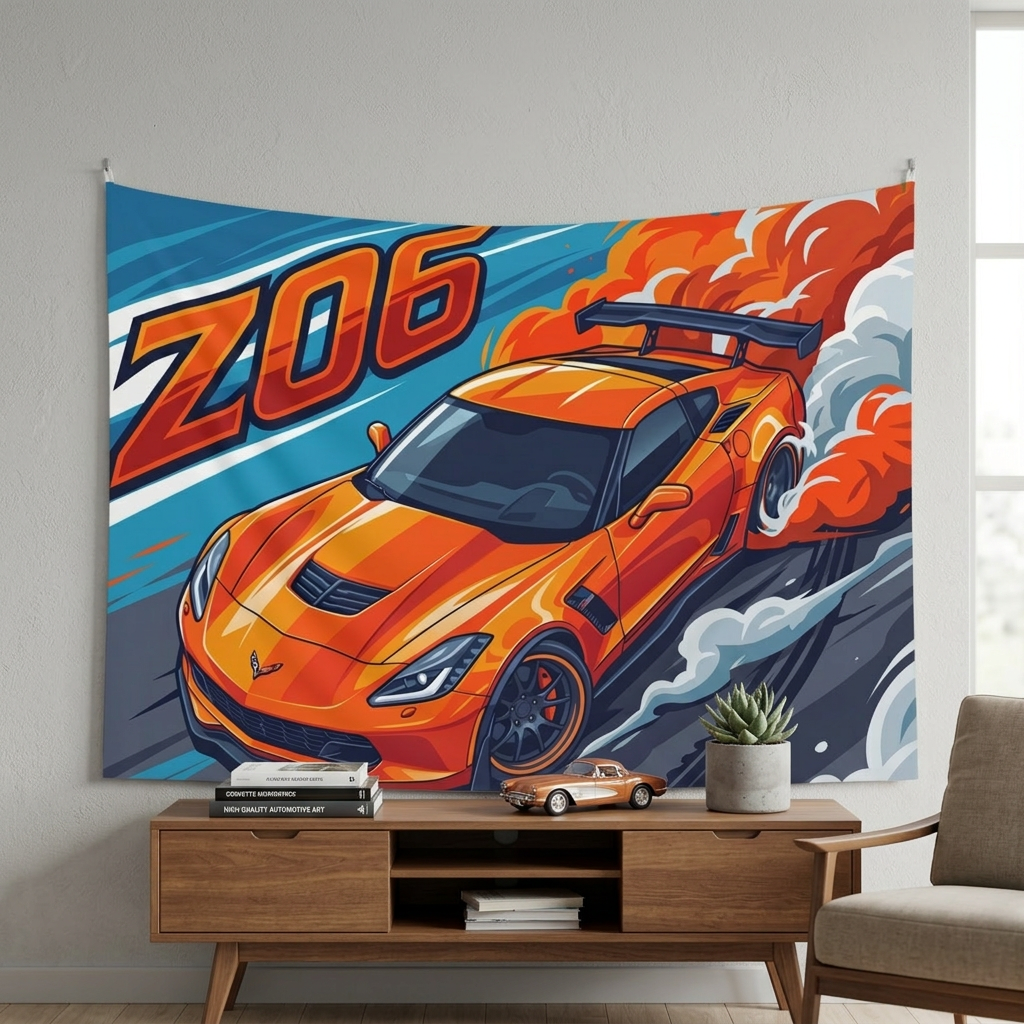 Chevrolet Corvette C7 Z06 Orange GT Wing Dark Wheels Aerial Bold Graphic Car Wall Art Tapestry