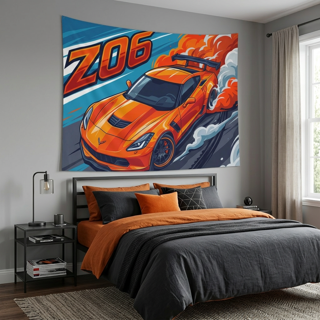 Chevrolet Corvette C7 Z06 Orange GT Wing Dark Wheels Aerial Bold Graphic Car Wall Art Tapestry