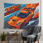 Chevrolet Corvette C7 Z06 Orange GT Wing Dark Wheels Aerial Bold Graphic Car Wall Art Tapestry