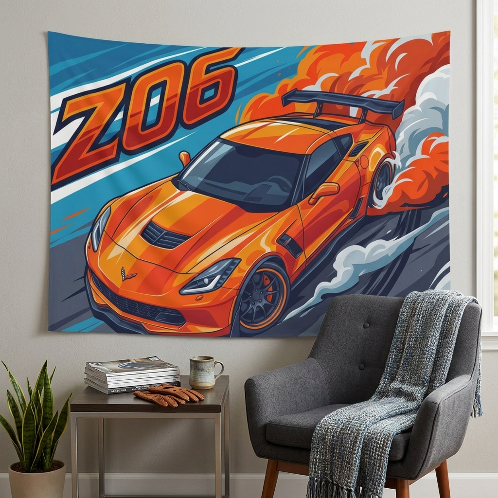 Chevrolet Corvette C7 Z06 Orange GT Wing Dark Wheels Aerial Bold Graphic Car Wall Art Tapestry