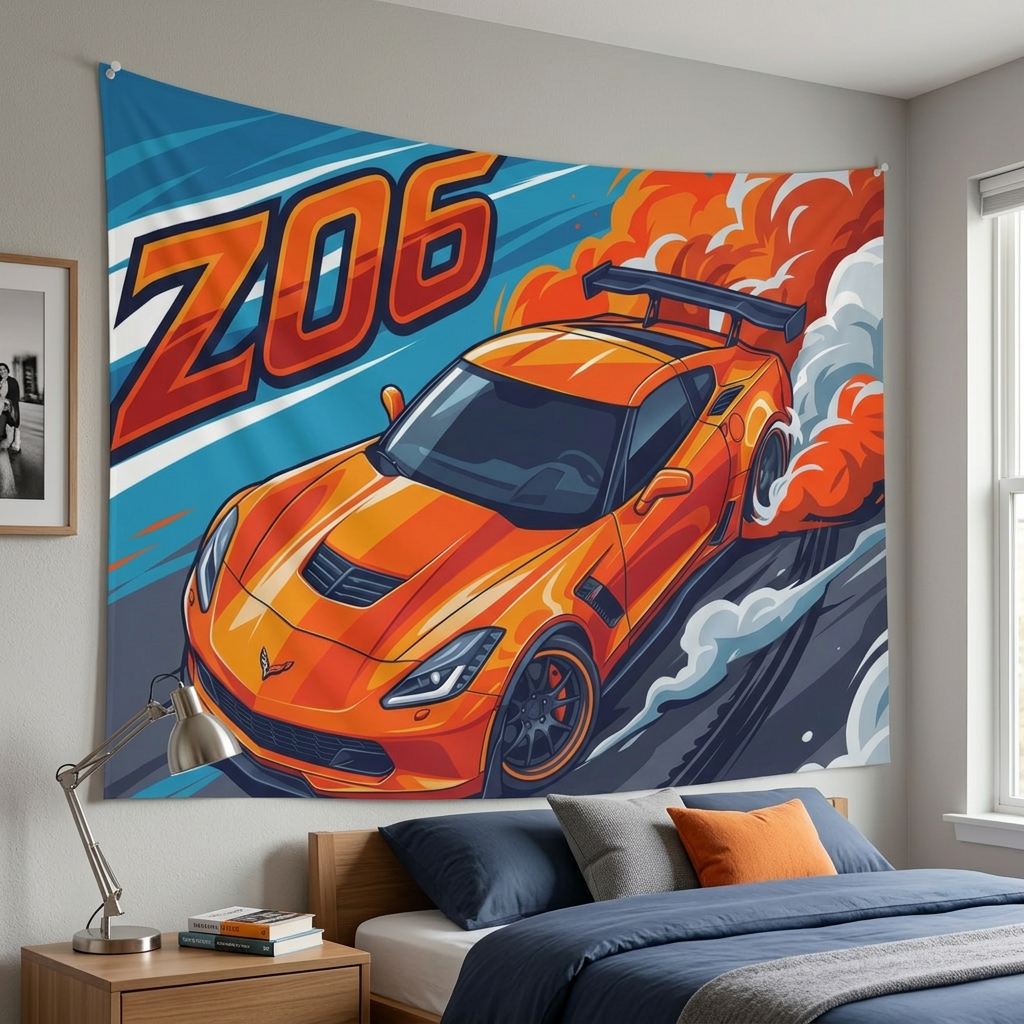 Chevrolet Corvette C7 Z06 Orange GT Wing Dark Wheels Aerial Bold Graphic Car Wall Art Tapestry