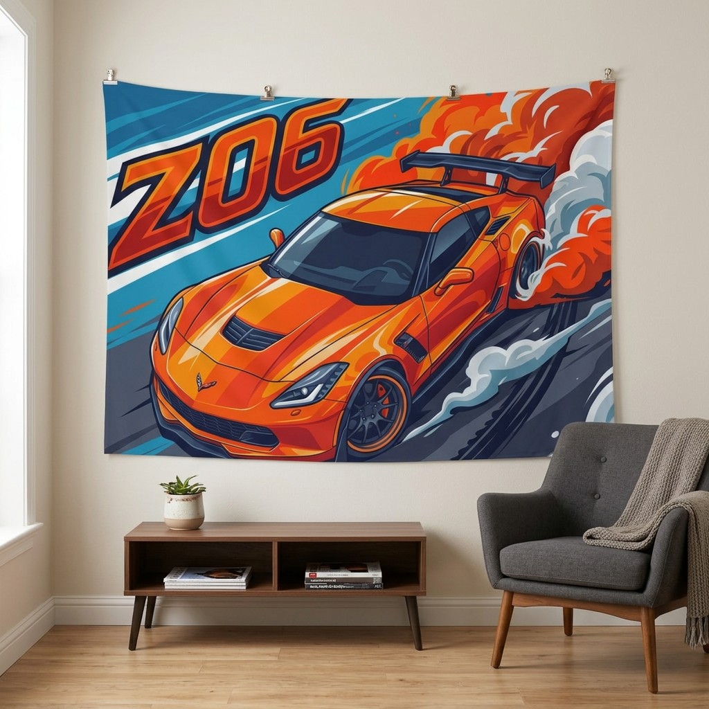 Chevrolet Corvette C7 Z06 Orange GT Wing Dark Wheels Aerial Bold Graphic Car Wall Art Tapestry