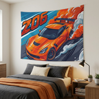 Chevrolet Corvette C7 Z06 Orange GT Wing Dark Wheels Aerial Bold Graphic Car Wall Art Tapestry