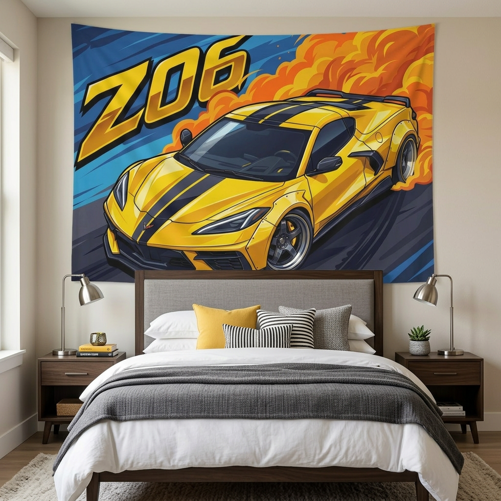 Chevrolet Corvette C8 Z06 Yellow Black Stripe Dark Wheels Aerial Bold Graphic Car Wall Art Tapestry