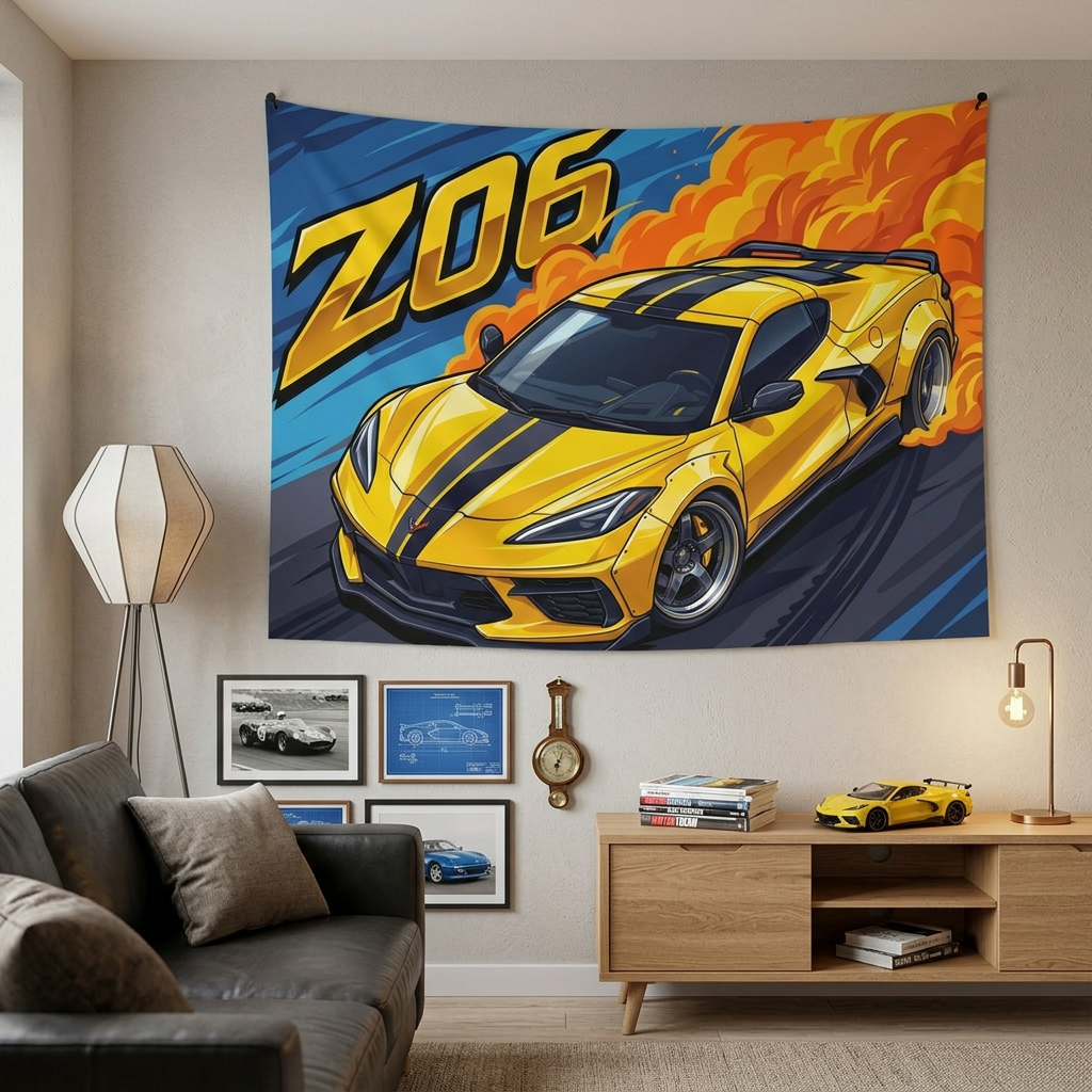 Chevrolet Corvette C8 Z06 Yellow Black Stripe Dark Wheels Aerial Bold Graphic Car Wall Art Tapestry