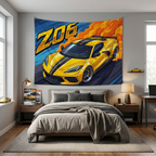 Chevrolet Corvette C8 Z06 Yellow Black Stripe Dark Wheels Aerial Bold Graphic Car Wall Art Tapestry