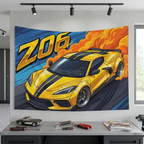Chevrolet Corvette C8 Z06 Yellow Black Stripe Dark Wheels Aerial Bold Graphic Car Wall Art Tapestry