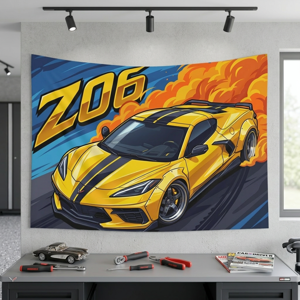 Chevrolet Corvette C8 Z06 Yellow Black Stripe Dark Wheels Aerial Bold Graphic Car Wall Art Tapestry