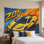 Chevrolet Corvette C8 Z06 Yellow Black Stripe Dark Wheels Aerial Bold Graphic Car Wall Art Tapestry