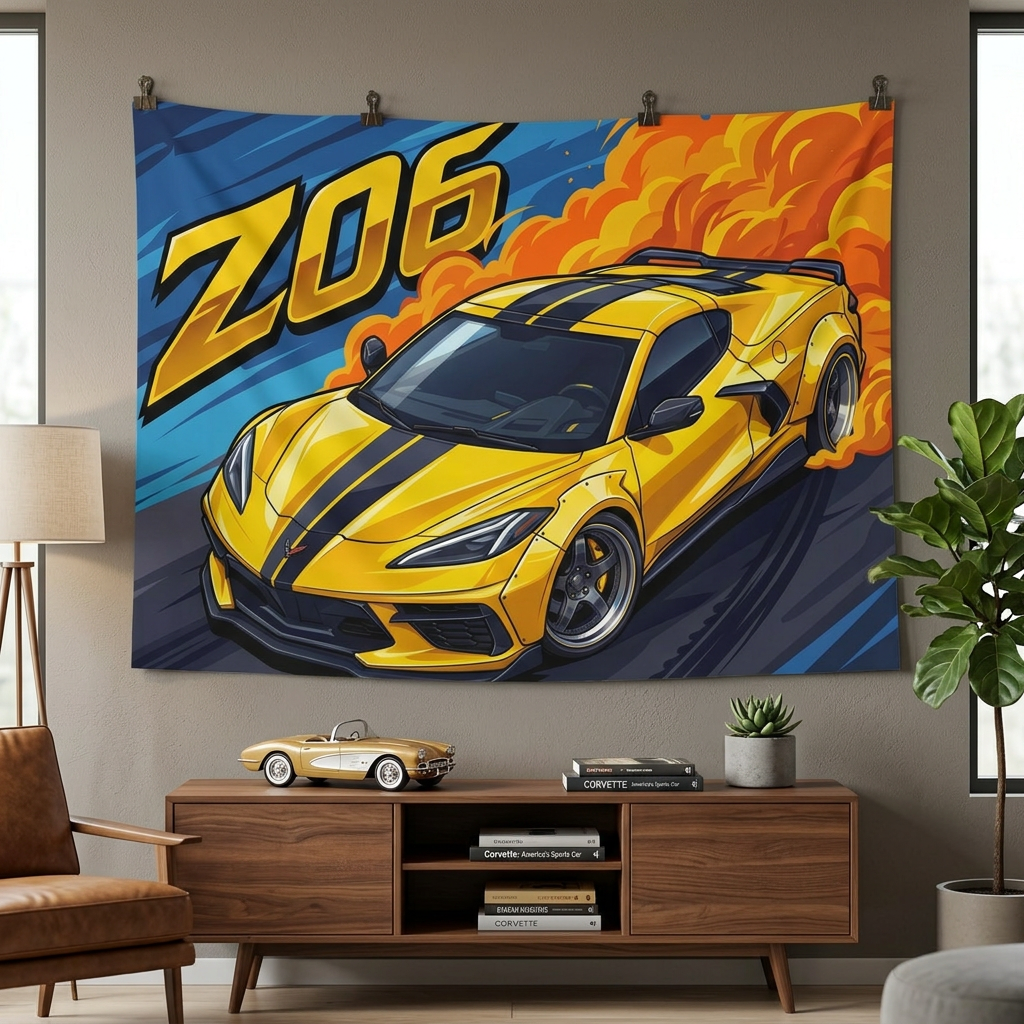 Chevrolet Corvette C8 Z06 Yellow Black Stripe Dark Wheels Aerial Bold Graphic Car Wall Art Tapestry