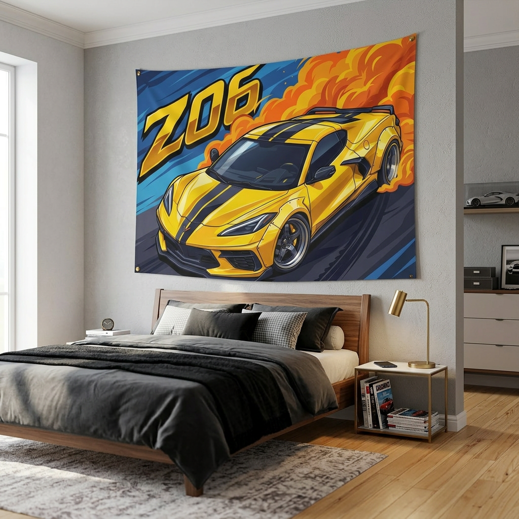Chevrolet Corvette C8 Z06 Yellow Black Stripe Dark Wheels Aerial Bold Graphic Car Wall Art Tapestry
