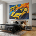Chevrolet Corvette C8 Z06 Yellow Black Stripe Dark Wheels Aerial Bold Graphic Car Wall Art Tapestry