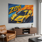 Chevrolet Corvette C8 Z06 Yellow Black Stripe Dark Wheels Aerial Bold Graphic Car Wall Art Tapestry