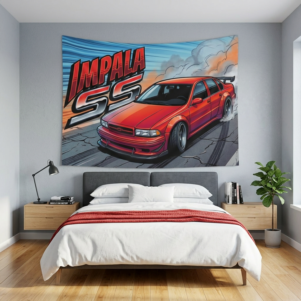 Chevrolet Impala SS 1996 Red GT Wing Dark Wheels Burnout Street Bold Graphic Car Wall Art Tapestry