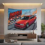 Chevrolet Impala SS 1996 Red GT Wing Dark Wheels Burnout Street Bold Graphic Car Wall Art Tapestry
