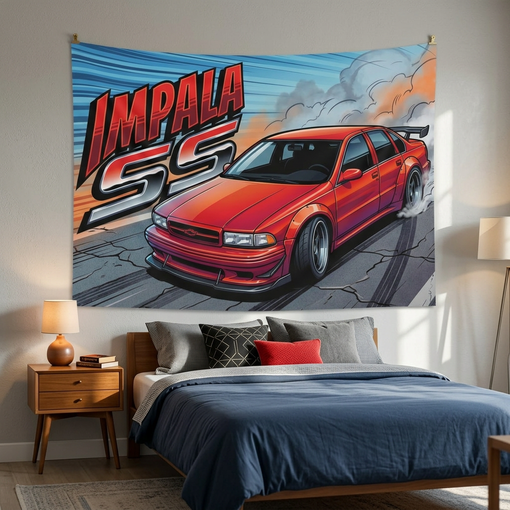 Chevrolet Impala SS 1996 Red GT Wing Dark Wheels Burnout Street Bold Graphic Car Wall Art Tapestry