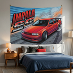 Chevrolet Impala SS 1996 Red GT Wing Dark Wheels Burnout Street Bold Graphic Car Wall Art Tapestry