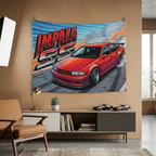 Chevrolet Impala SS 1996 Red GT Wing Dark Wheels Burnout Street Bold Graphic Car Wall Art Tapestry