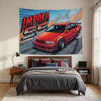 Chevrolet Impala SS 1996 Red GT Wing Dark Wheels Burnout Street Bold Graphic Car Wall Art Tapestry