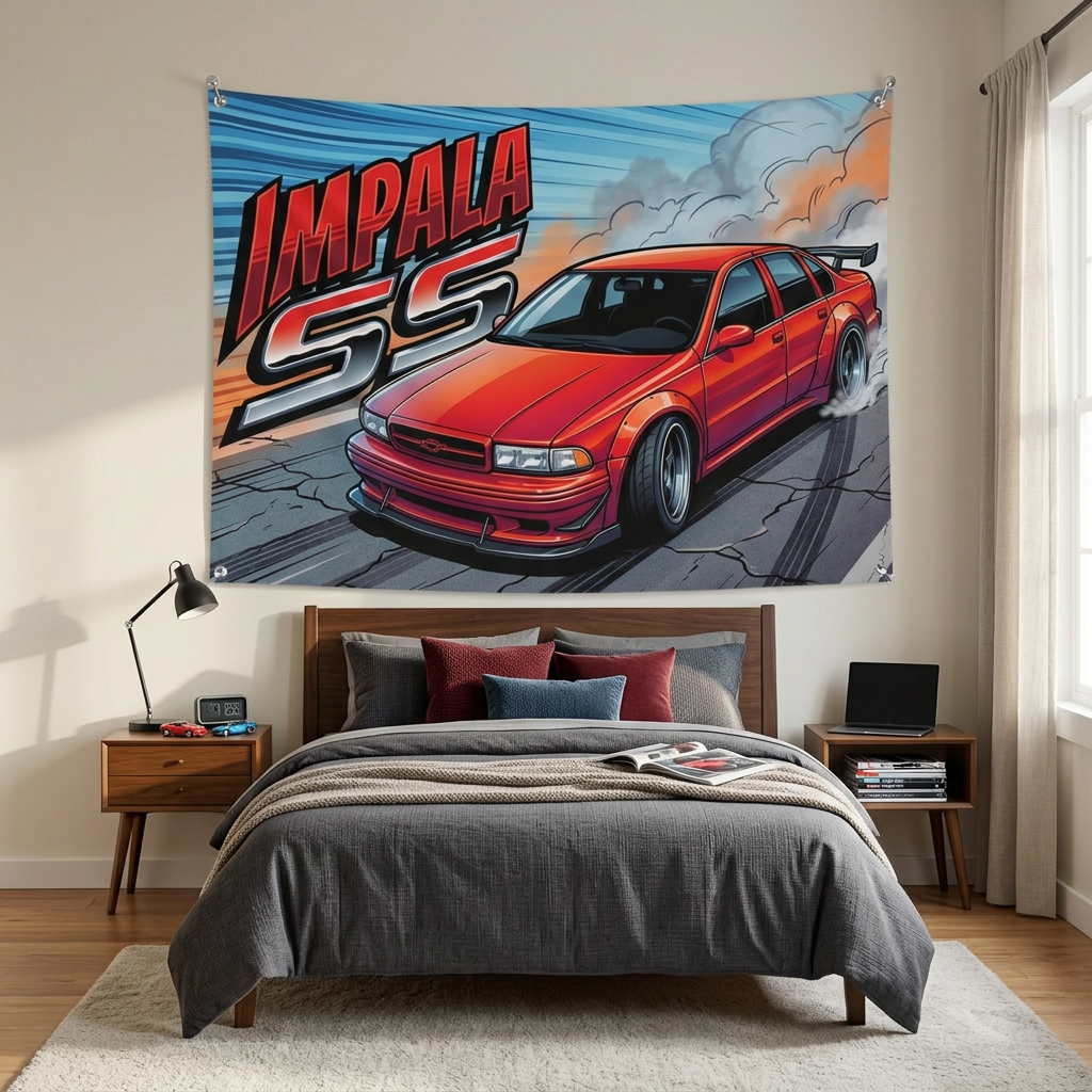 Chevrolet Impala SS 1996 Red GT Wing Dark Wheels Burnout Street Bold Graphic Car Wall Art Tapestry