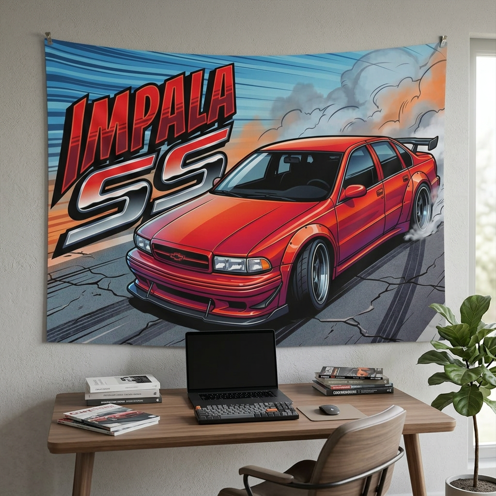 Chevrolet Impala SS 1996 Red GT Wing Dark Wheels Burnout Street Bold Graphic Car Wall Art Tapestry