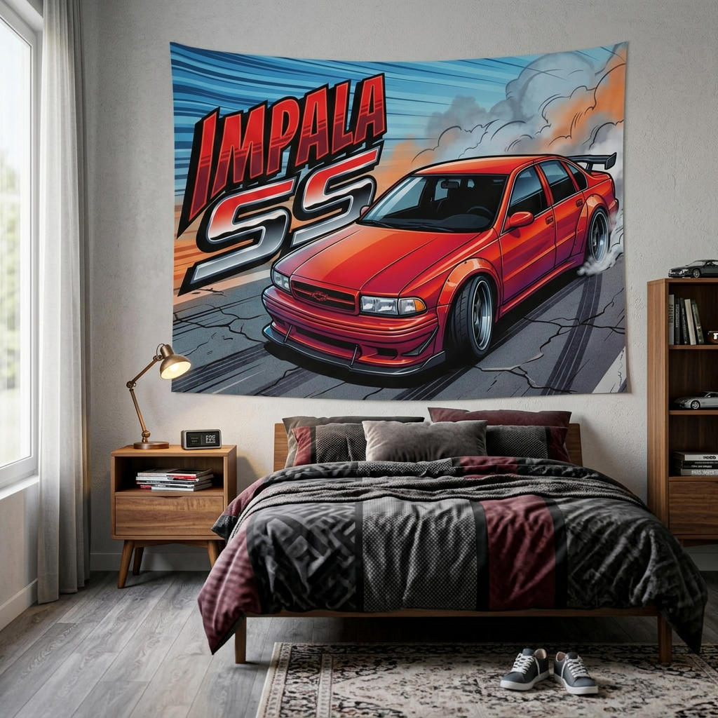 Chevrolet Impala SS 1996 Red GT Wing Dark Wheels Burnout Street Bold Graphic Car Wall Art Tapestry
