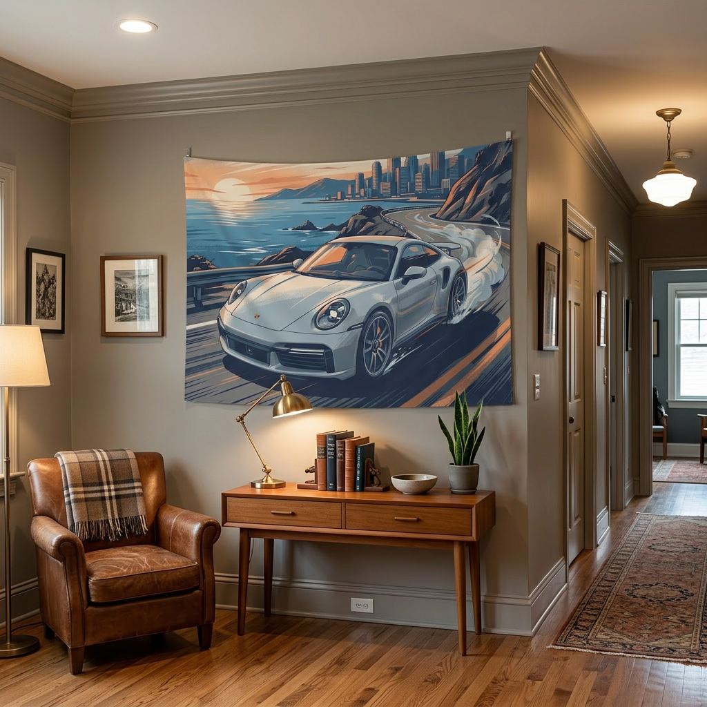 Porsche 911 Car Coastal Road Tapestry Sunset Print Wall Art
